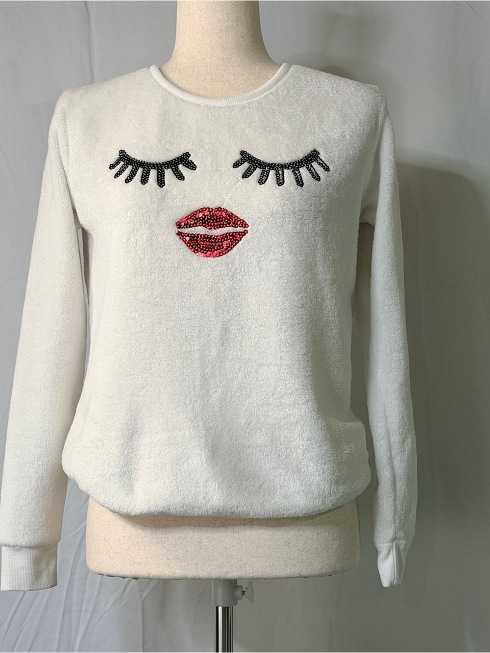 Mentally Exhausted White Sequin Face sweat shirt, Black Lashes &‎ Red Lips, Fun